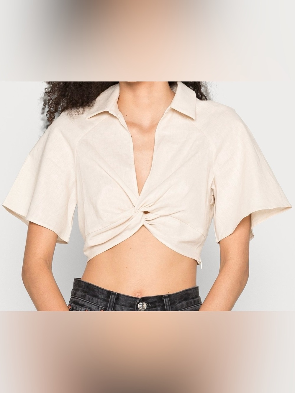 Front Twist -Collared Linen Crop Top in Cream